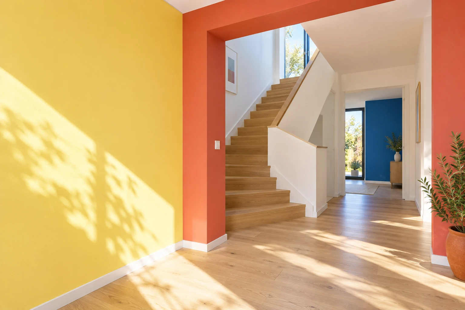 Helle Raumgestaltung mit gelber Wand, korallfarbenem Durchgang und Holztreppe – KI-generierte Inspiration